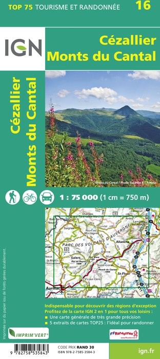 Carte tourisme Cézallier, Monts-du-Cantal IGN Top 75