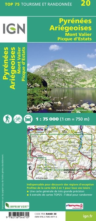 Carte tourisme Pyrénées-Ariégeoises, Mont-Valier, Pic-d'Estats IGN Top 75