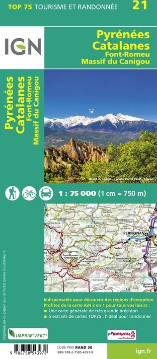 Carte tourisme Pyrénées-Catalanes, Font-Romeu, Massif-du Canigou IGN Top 75