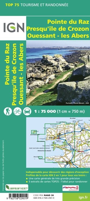 Carte tourisme Ouessant, Les Abers, Crozon, pointe du raz IGN Top 75