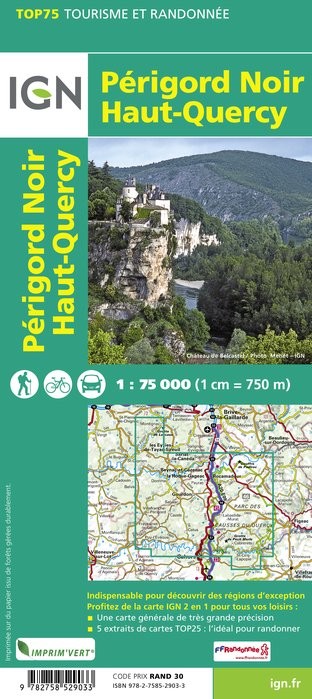 Carte tourisme Périgord Noir, Haut Quercy IGN Top 75