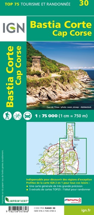 Carte tourisme Bastia, Corte, Cap Corse IGN Top 75