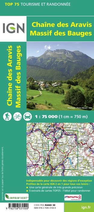 Carte tourisme Chaine des Aravis, Massif des Bauges IGN Top 75