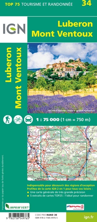 Carte tourisme Lubéron, Mont-Ventoux IGN Top 75