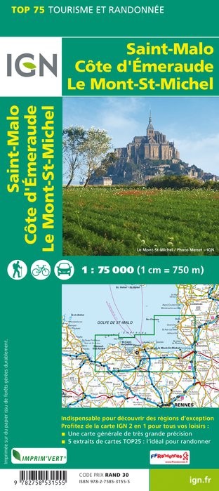 Carte tourisme St Malo, Côte d'Emeraude, Mont St Michel IGN Top 75