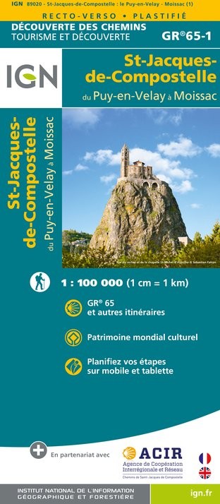 GR65-1 | Carte randonnée chemin de St Jacques. Le Puy à Moissac IGN