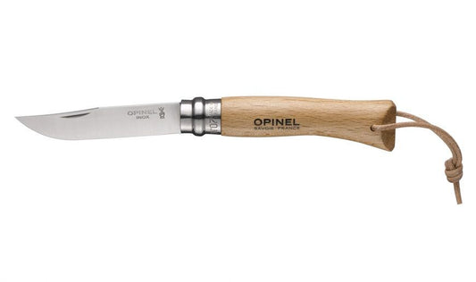 Couteau Opinel n° 7 lame en inox et manche hêtre lacet cuir