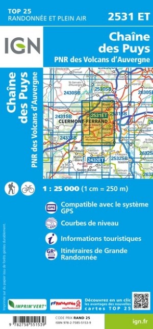 Carte IGN chaine des puys parc national volcans auvergne 2531ET série Top 25