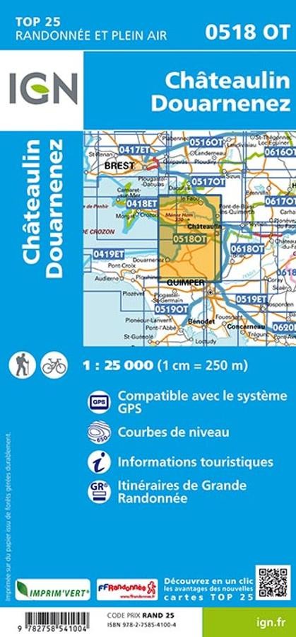 Carte IGN chateaulin douarnenez 0518OT série Top 25