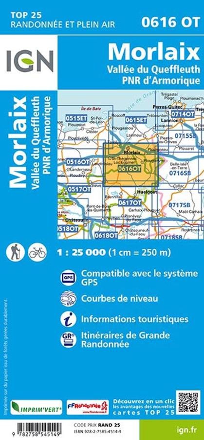 Carte IGN morlaix vallee queffleuth parc armorique 0616OT série Top 25