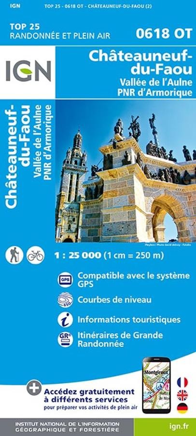 Carte IGN chateuneuf faou valle aulne parc amorique 0618OT série Top 25