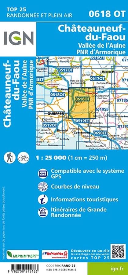 Carte IGN chateuneuf faou valle aulne parc amorique 0618OT série Top 25