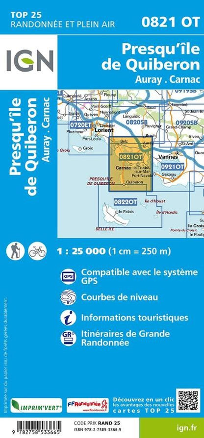 Carte IGN presqu ile quiberon 0821OT série Top 25