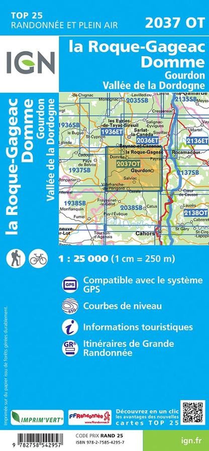 Carte IGN la roque gageac domme gourdon vallee dordogne 2037OT série Top 25