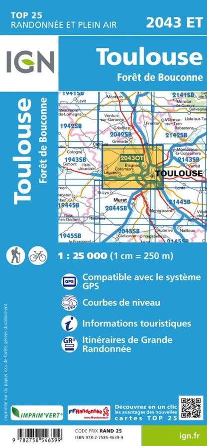 Carte IGN toulouse foret de bouconne 2043ET série Top 25