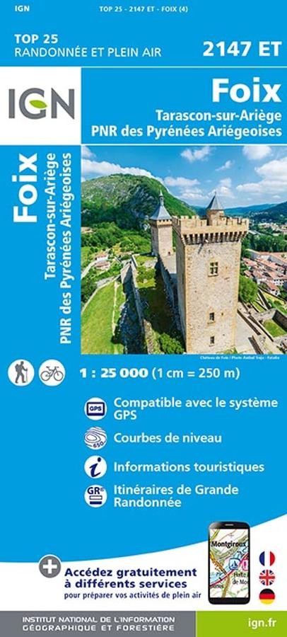 Carte IGN foix tarascon sur ariege parc pyrenees ariegeoise 2147ET série Top 25