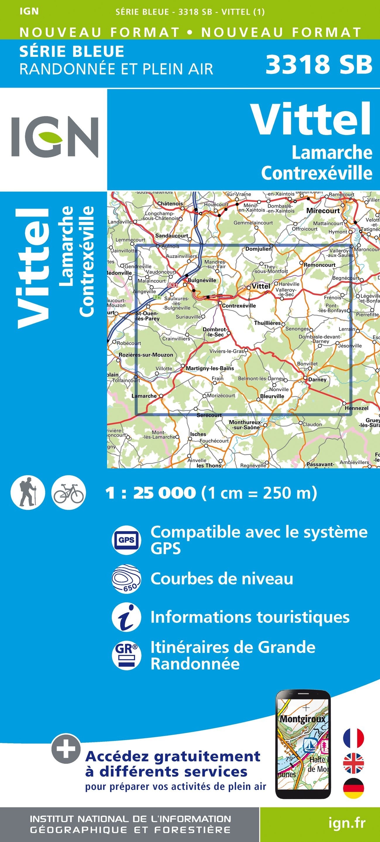 Carte randonnée Vittel/Lamarche/Contrexeville | série Bleue IGN