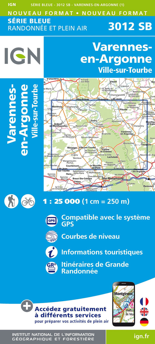 Carte randonnée Varennes-en-Argonne/Ville-sur-Tourbe | série Bleue IGN