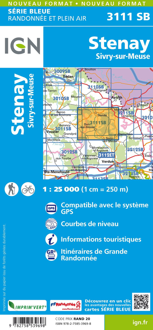 Carte randonnée Stenay/Sivry sur Meuse | série Bleue IGN