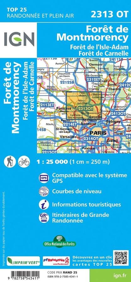 Carte IGN forêt Montmorency isle adam de carnelle 2313OT série Top 25