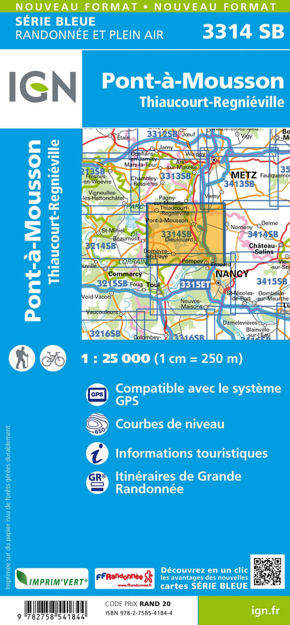 Carte randonnée Pont à Mousson/Thiaucourt Régniéville | série Bleue IGN