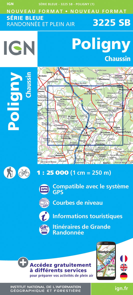 Carte randonnée Poligny-Chaussin (remplace 3225O et 3225E) | série Bleue IGN