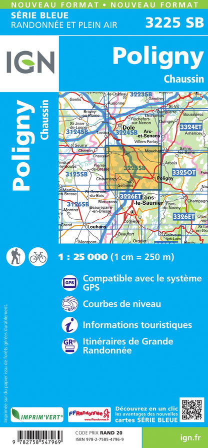 Carte randonnée Poligny-Chaussin (remplace 3225O et 3225E) | série Bleue IGN