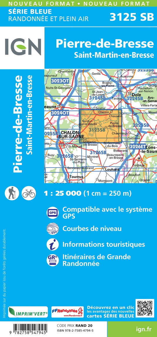 Carte randonnée Pierre-de-Bresse.St-Martin-en-Bresse | série Bleue IGN