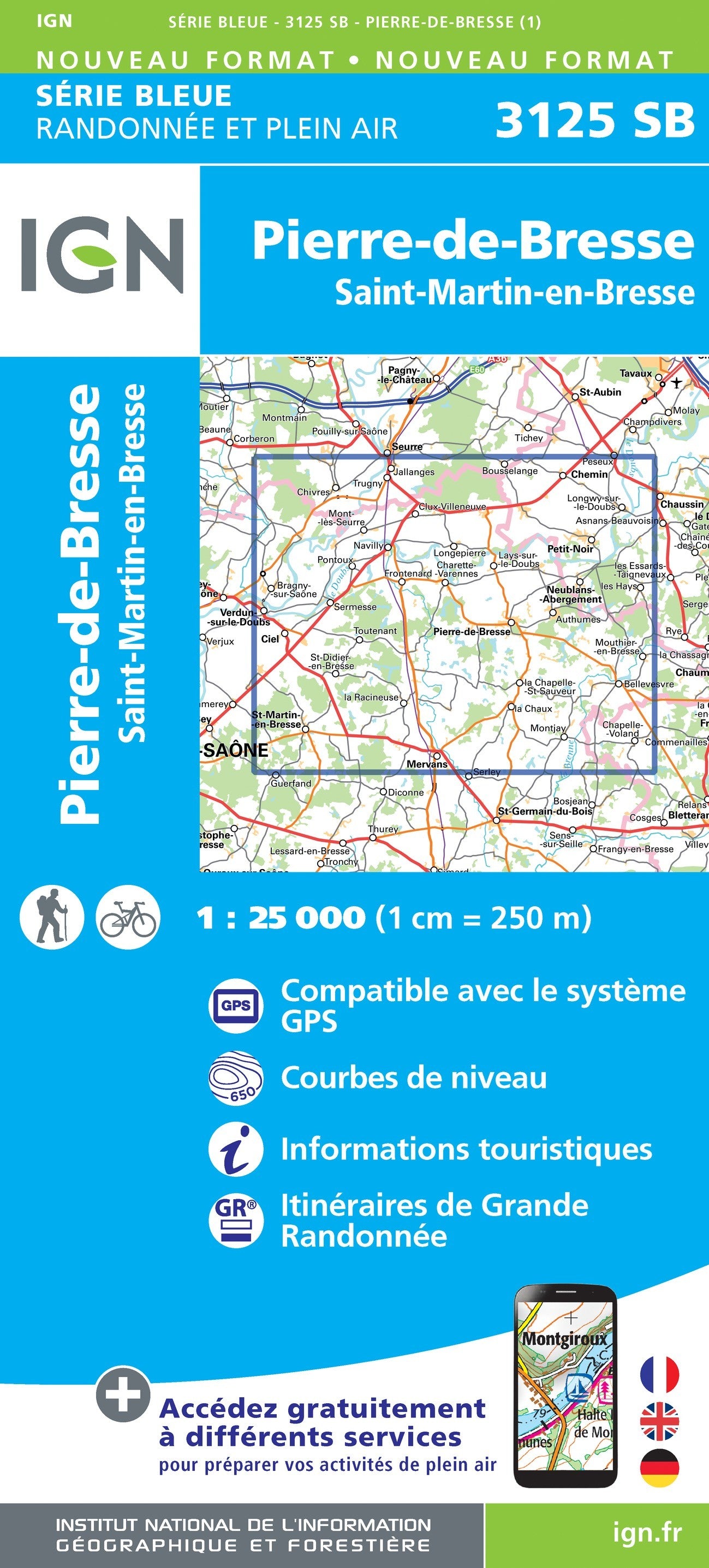 Carte randonnée Pierre-de-Bresse.St-Martin-en-Bresse | série Bleue IGN