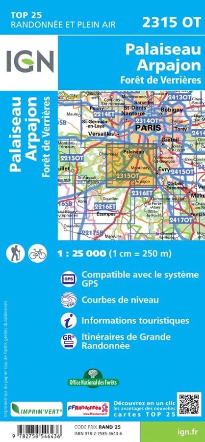 Carte IGN palaiseau arpajon foret de verrieres 2315OT série Top 25