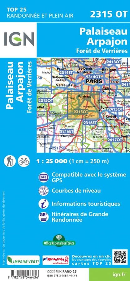 Carte IGN palaiseau arpajon foret de verrieres 2315OT série Top 25