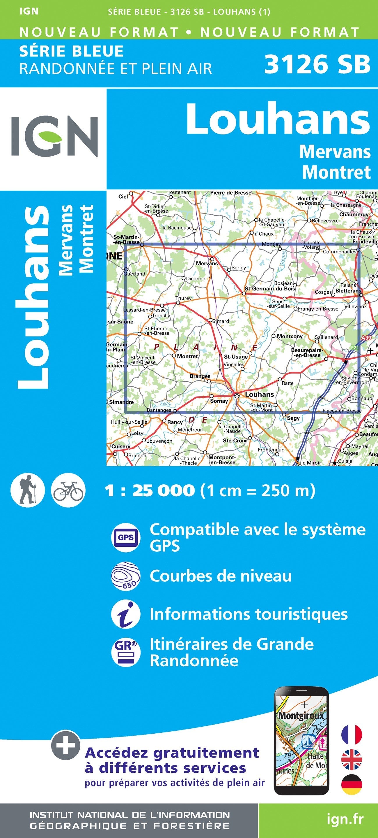 Carte randonnée Louhans.Mervans.Montret  | série Bleue IGN