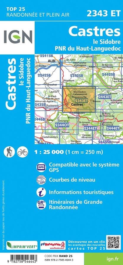 Carte IGN castres le sidobre parc national haut languedoc 2343ET série Top 25