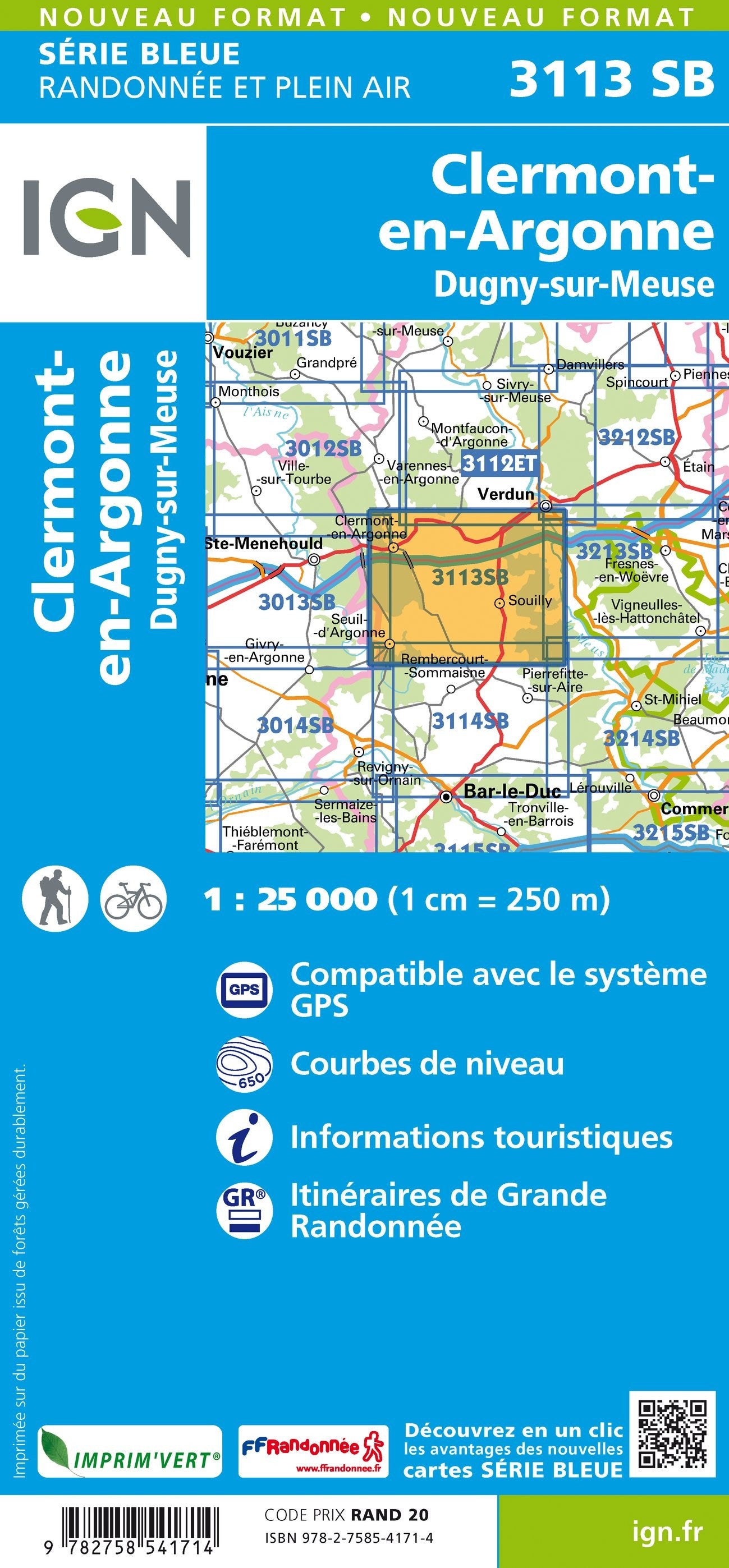 Carte randonnée Clermont en Argonne/Dugny sur Meuse | série Bleue IGN