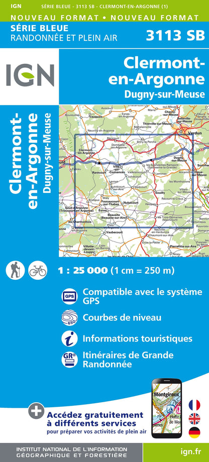 Carte randonnée Clermont en Argonne/Dugny sur Meuse | série Bleue IGN