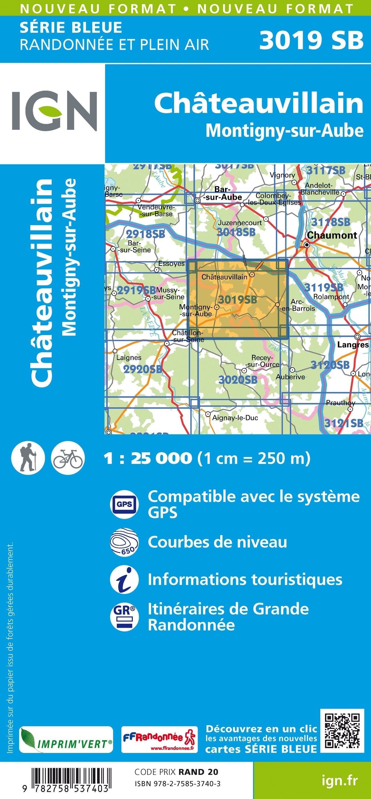 Carte randonnée Châteauvillain/Montigny-sur-Aube | série Bleue IGN