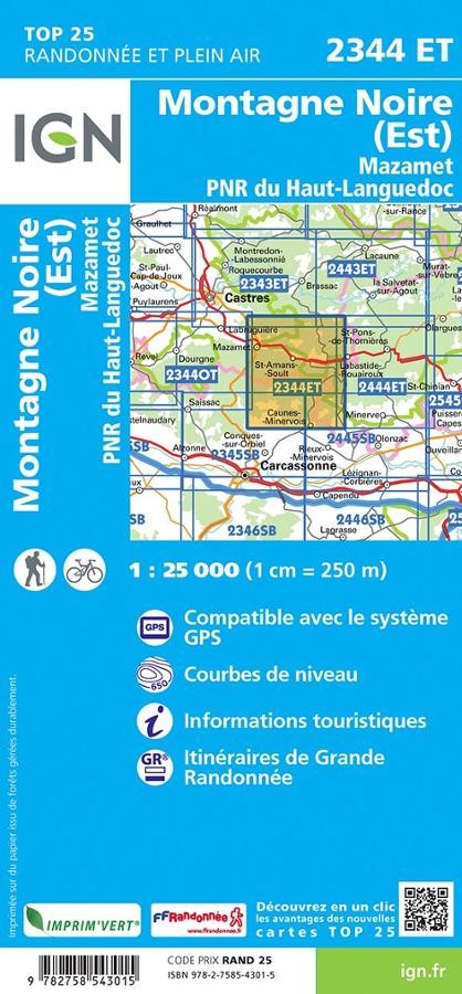 Carte IGN montagne noire est mazamet 2344ET série Top 25