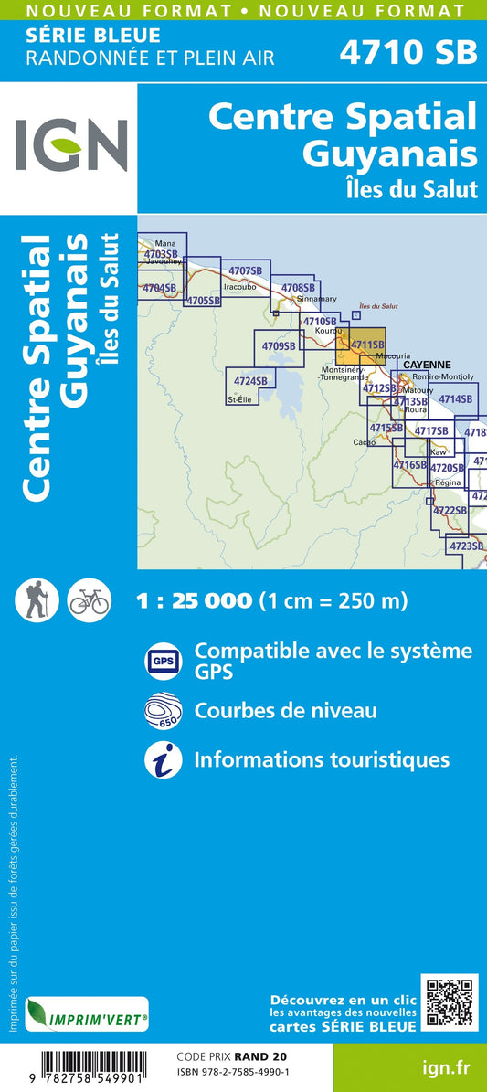 Carte randonnée Centre Saptial Guyanais.Île du Salut (Guyane) | série Bleue IGN