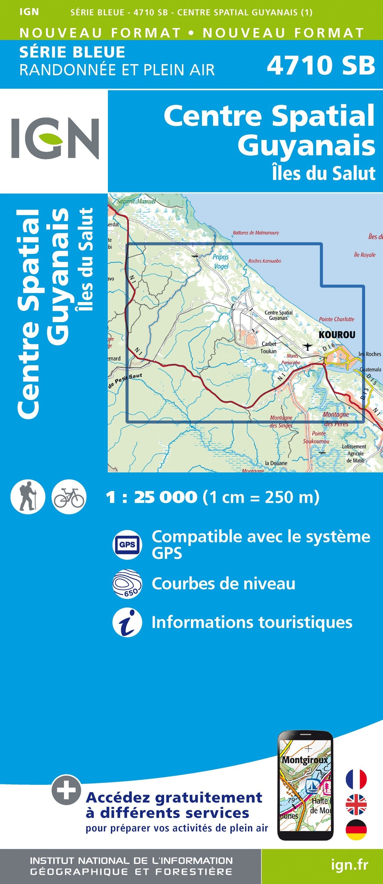 Carte randonnée Centre Saptial Guyanais.Île du Salut (Guyane) | série Bleue IGN