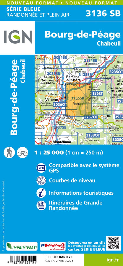 Carte randonnée Bourg de Péage/Chabeuil | série Bleue IGN