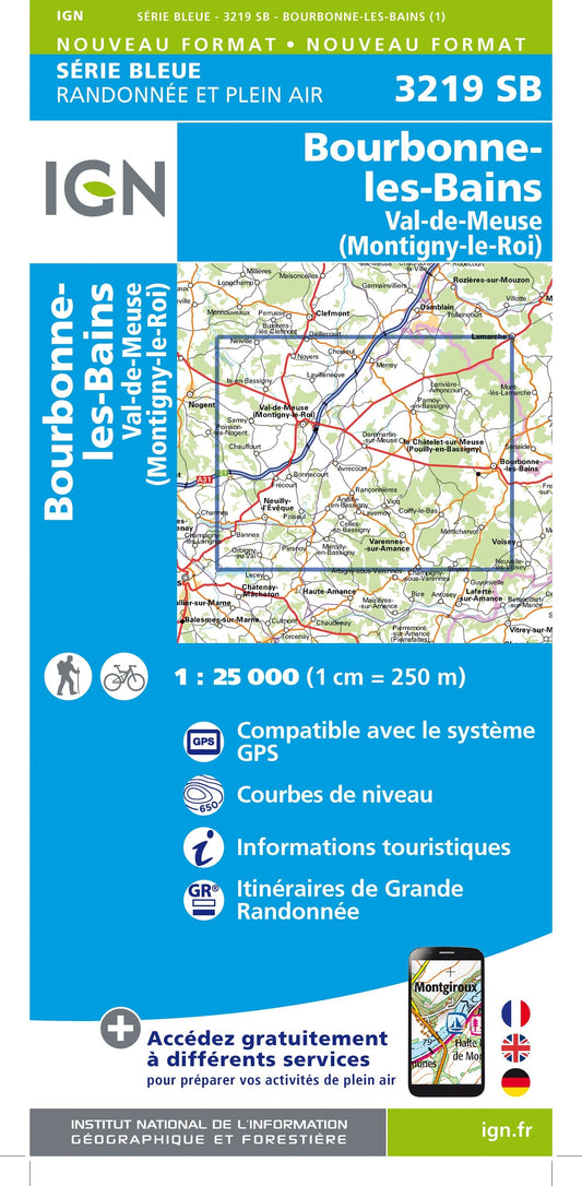 Carte randonnée Bourbonne les Bains/Val de Meuse/Montigny le Roi | série Bleue IGN