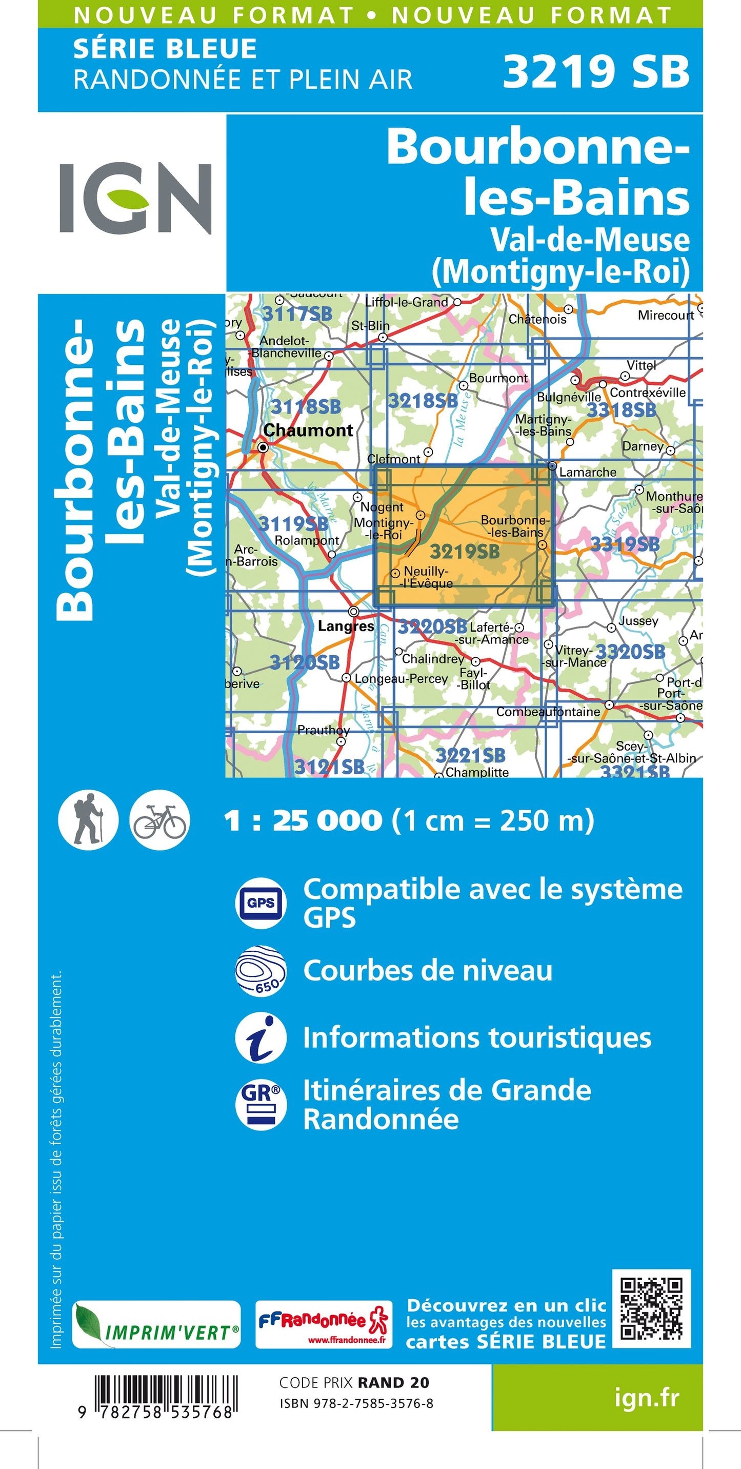 Carte randonnée Bourbonne les Bains/Val de Meuse/Montigny le Roi | série Bleue IGN