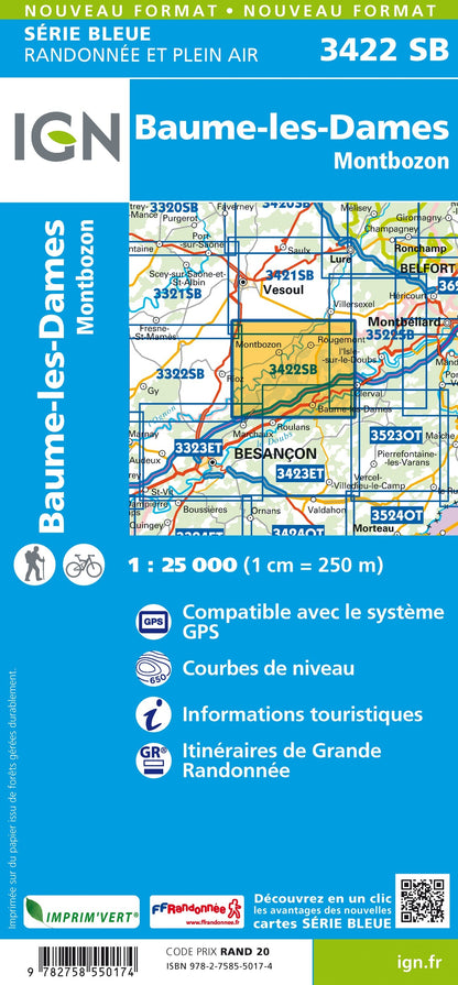 Carte randonnée Baume-les-Dames-Montbozon | série Bleue IGN