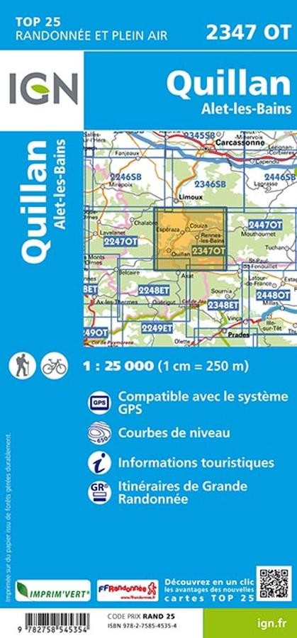 Carte IGN quillan alet les bains 2347OT série Top 25