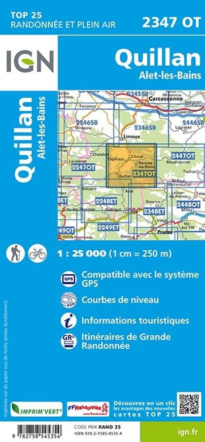 Carte IGN quillan alet les bains 2347OT série Top 25