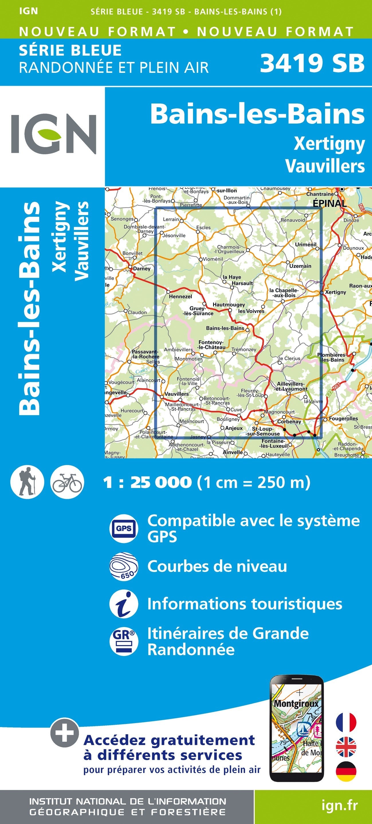 Carte randonnée Bains-les-Bains-Xertigny.Vauvillers | série Bleue IGN