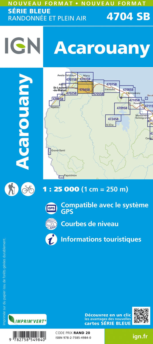 Carte randonnée  Acarouany (Guyane) | série Bleue IGN