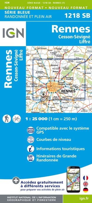 Carte randonnée Rennes/Cesson Sévigne / Liffre | série Bleue IGN