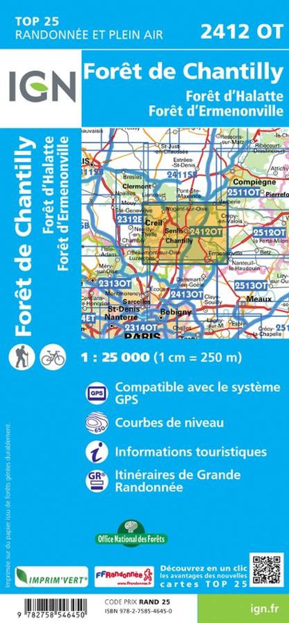 Carte IGN foret de chantilly halatte ermenonville 2412OT série Top 25