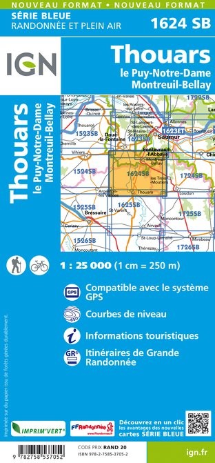 Carte randonnée Thouars/le Puy-Notre-Dame/Montreuil-Bellay | série Bleue IGN